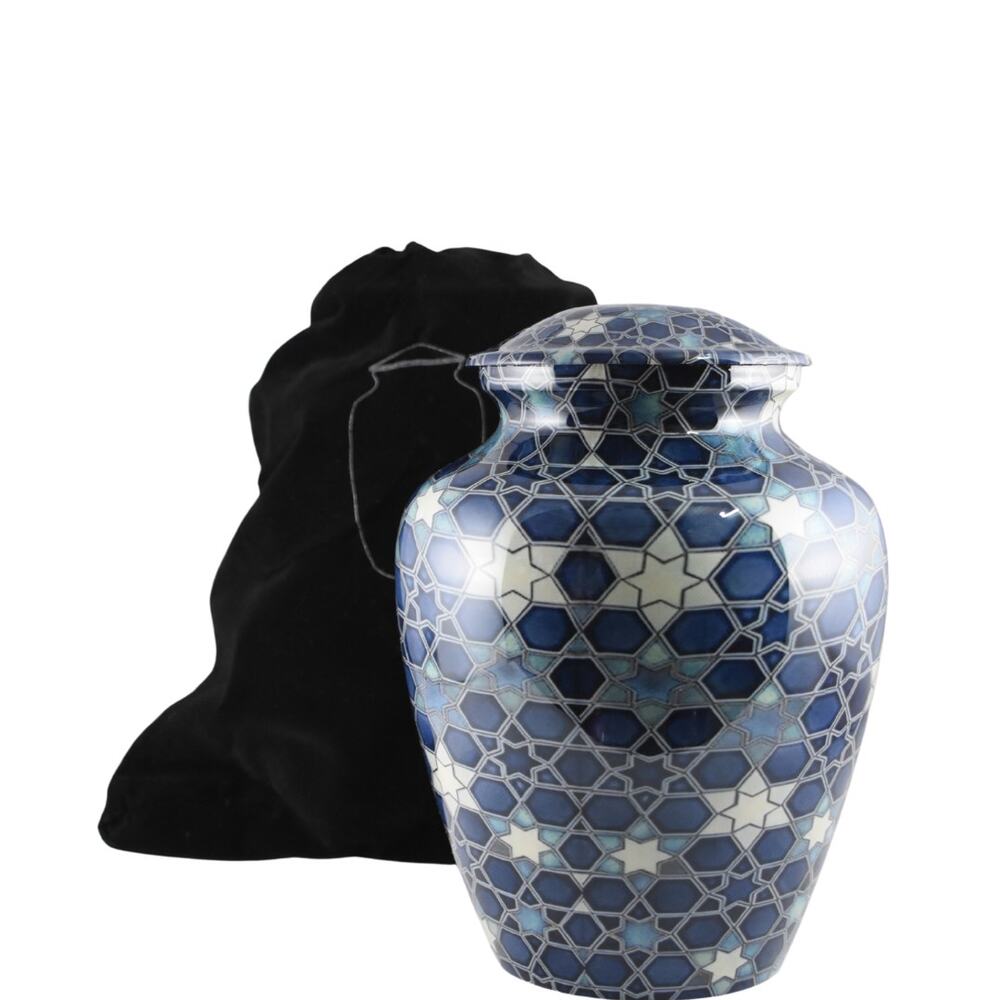 Blue Mosaic Star Pattern Urn for Adult Ashes - Handcast Solid Aluminum